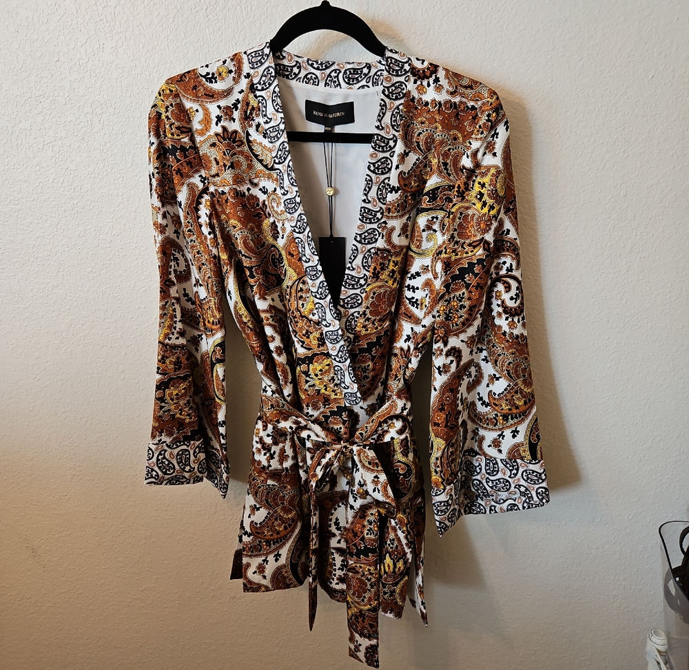 Kobi Halperin Paisley Wrap Top in White, Brown & Gold